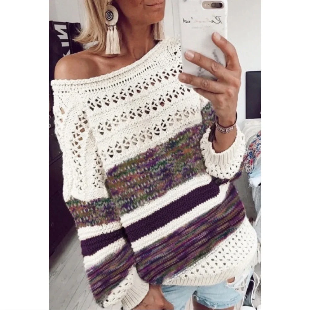 Purple Color Block Round Neck Sweater - Picture 1 of 6
